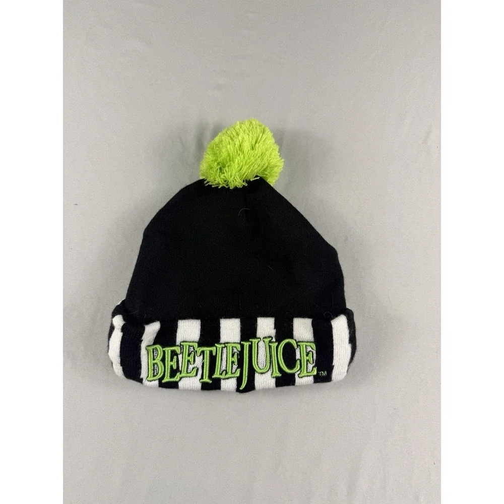 Beetlejuice black white green foldover beanie with fuzz ball, adults one size